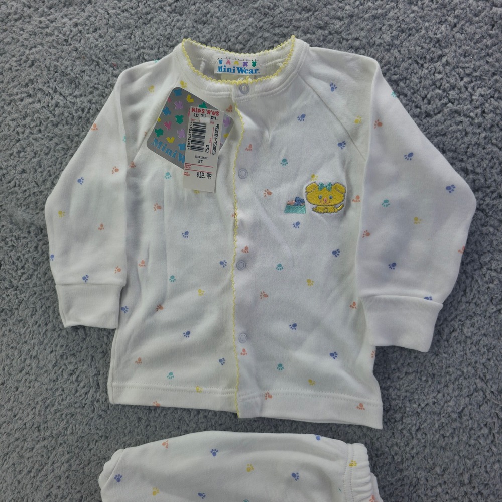 Vintage Mini Wear Kids R Us White Paw Print Puppy Snap Top Pants Set 2T NWT